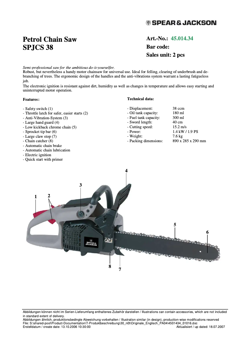 Page 1 de la notice Fiche technique Spear & Jackson SPJCS 38