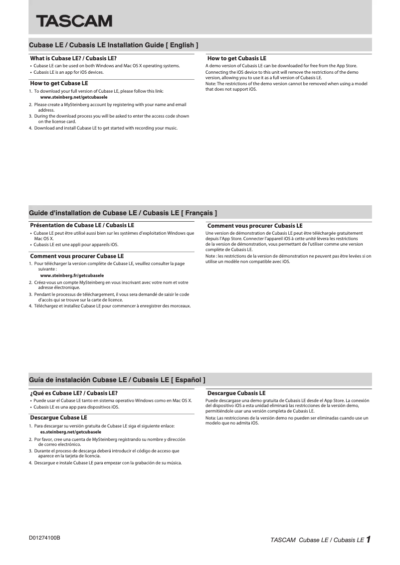 Página 1 del manual Guía de instalación Tascam US-4X4HR
