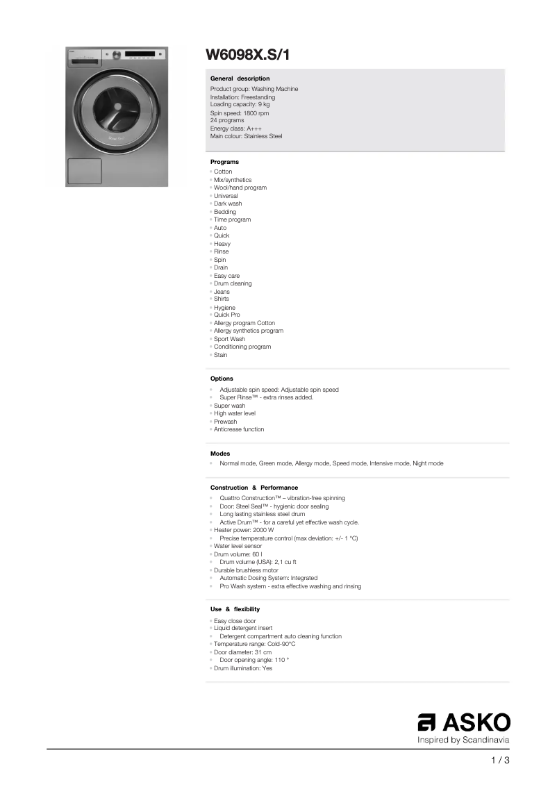 Page n°1 - Fiche technique Asko W6098X.S/1