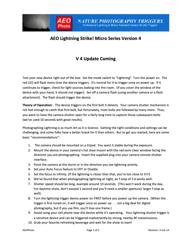 Page 1 de la notice Manuel utilisateur AEO Photo Lightning Strike! Micro 4.0