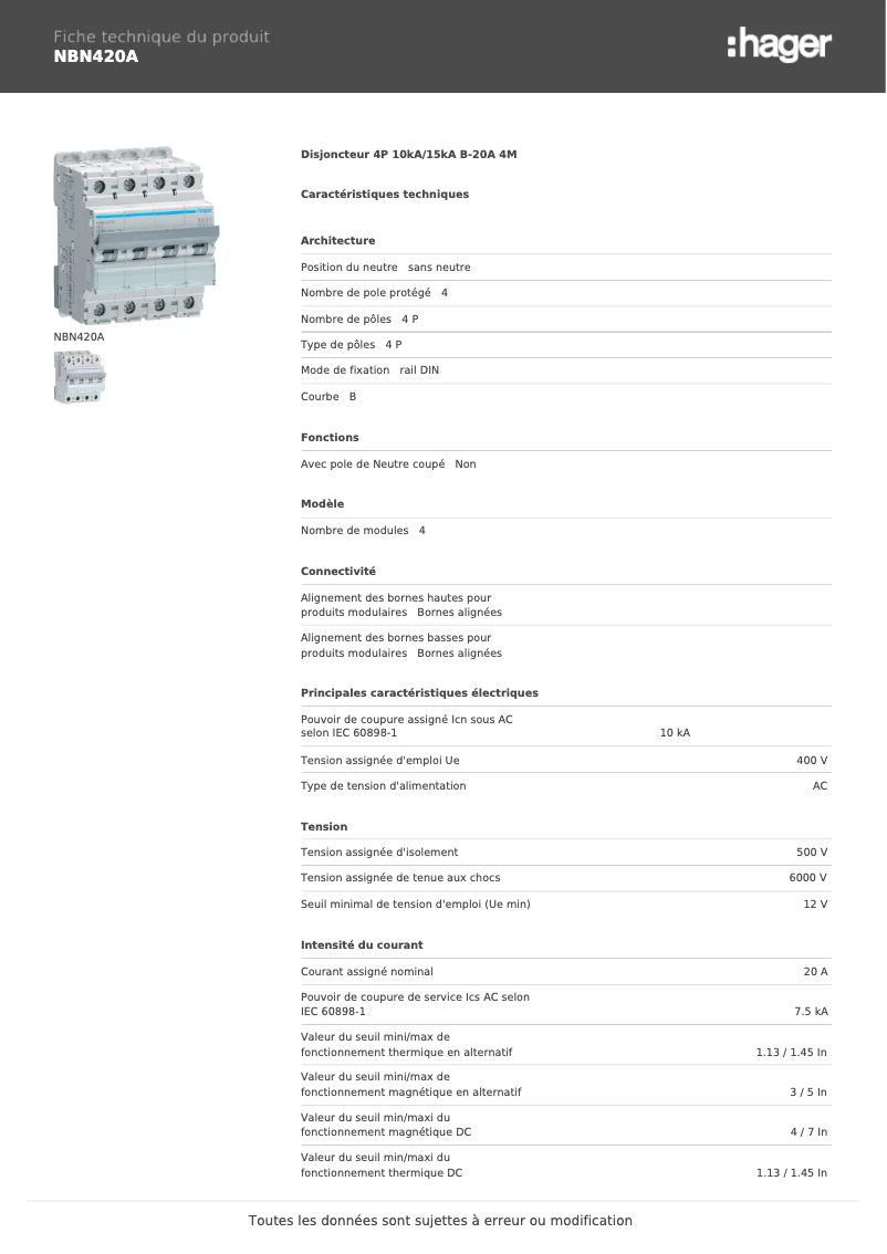 Page n°1 - Manuel utilisateur Hager NBN420A