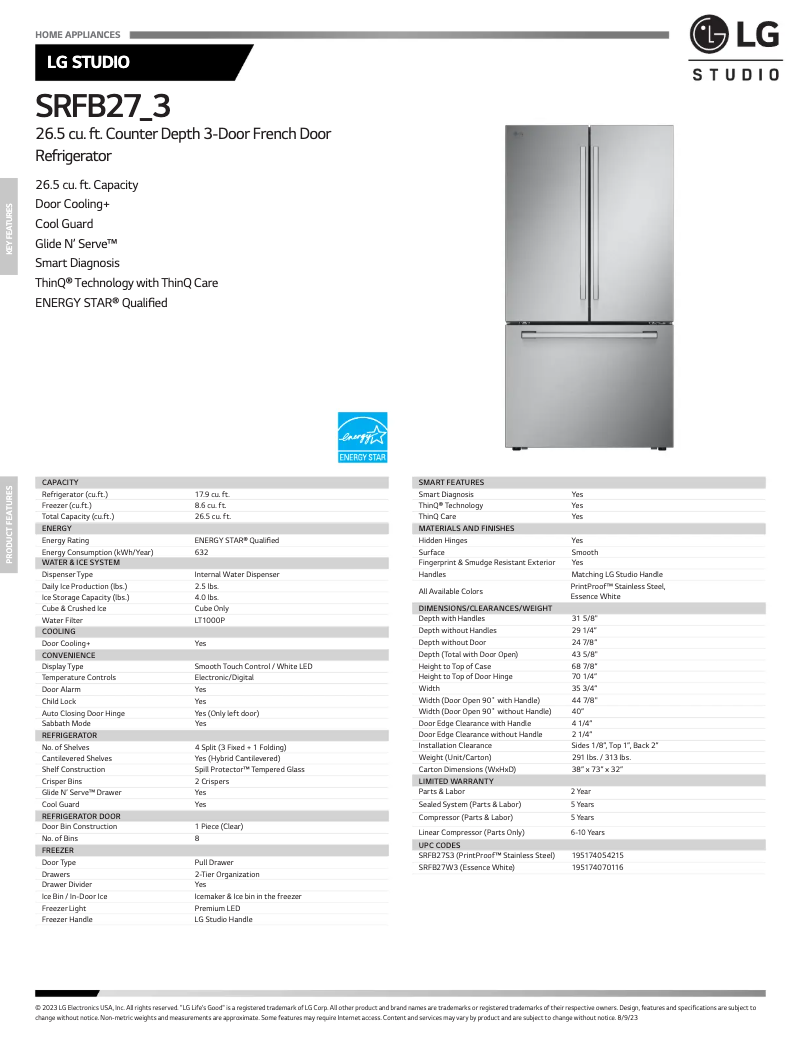 Page 1 de la notice Fiche technique LG SRFB27W3