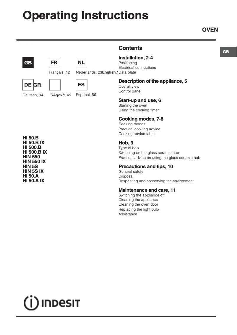 Page 1 de la notice Manuel utilisateur Indesit HIN 5S IX