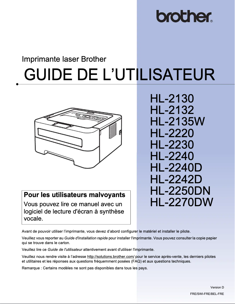 Page 1 de la notice Manuel utilisateur Brother HL-2240