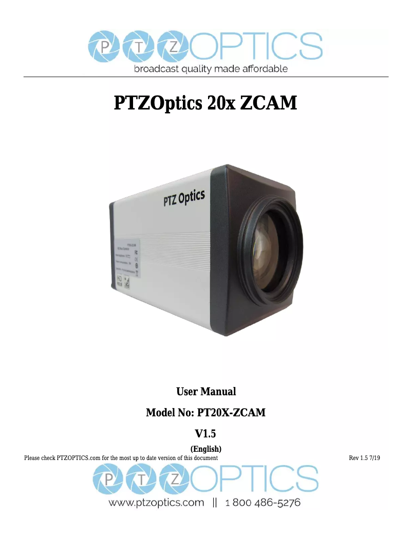 Page 1 de la notice Manuel utilisateur PTZ Optics ZCam 20X