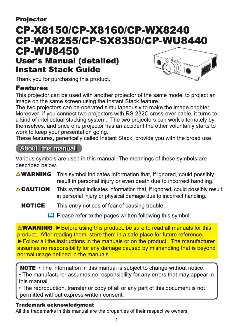 Page 1 de la notice Manuel utilisateur Hitachi CP-WU8440