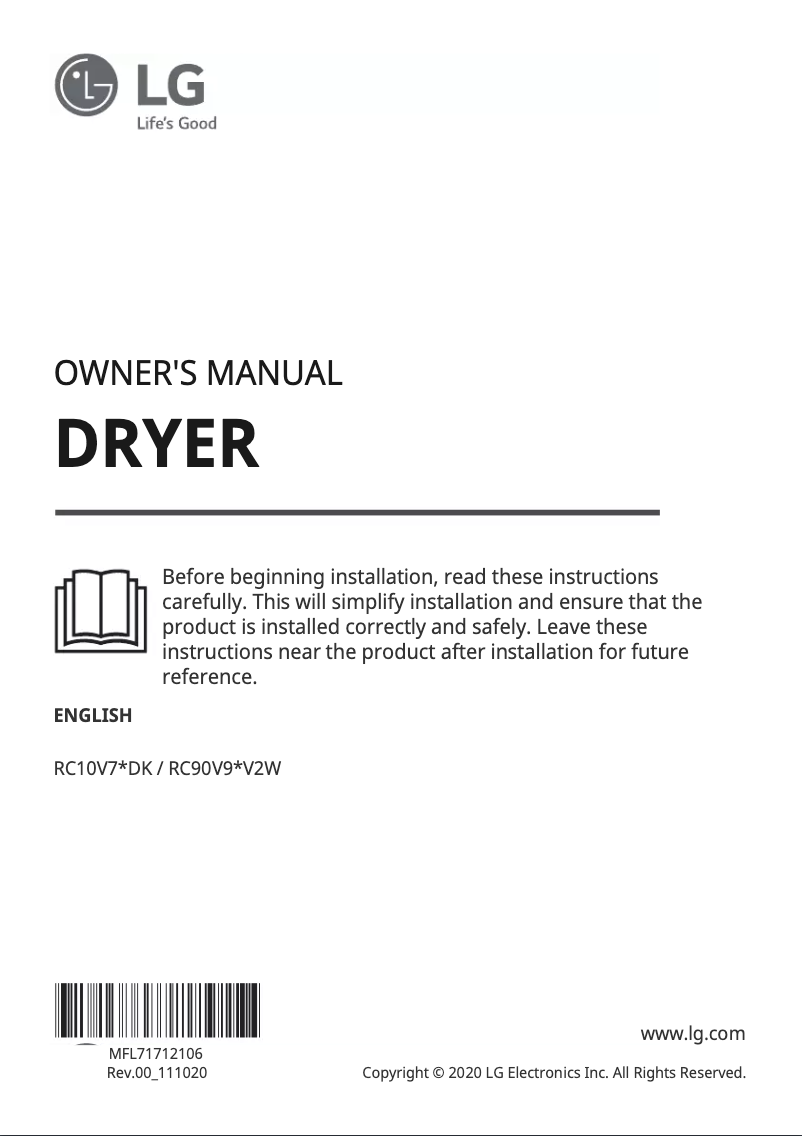 Page 1 de la notice Manuel utilisateur LG RC10V7WDK