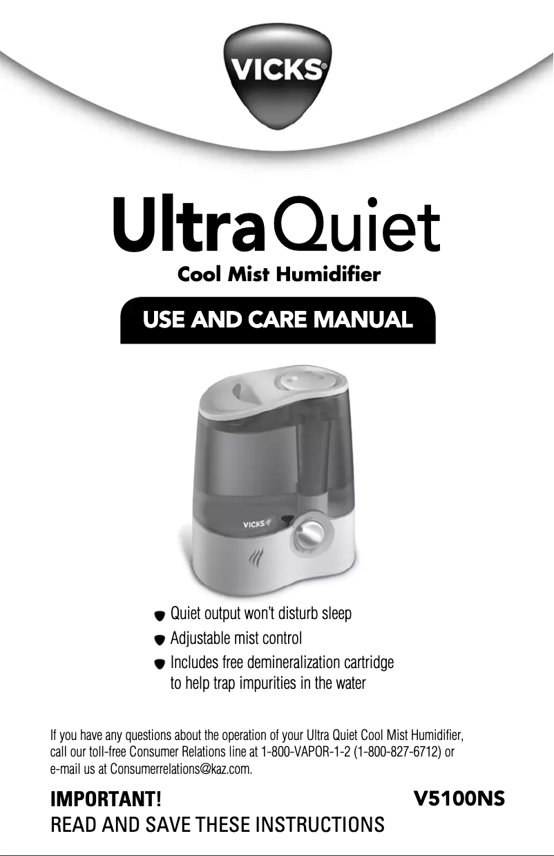 Page n°1 - Manuel utilisateur Vicks UltraQuiet Cool Mist V5100NS