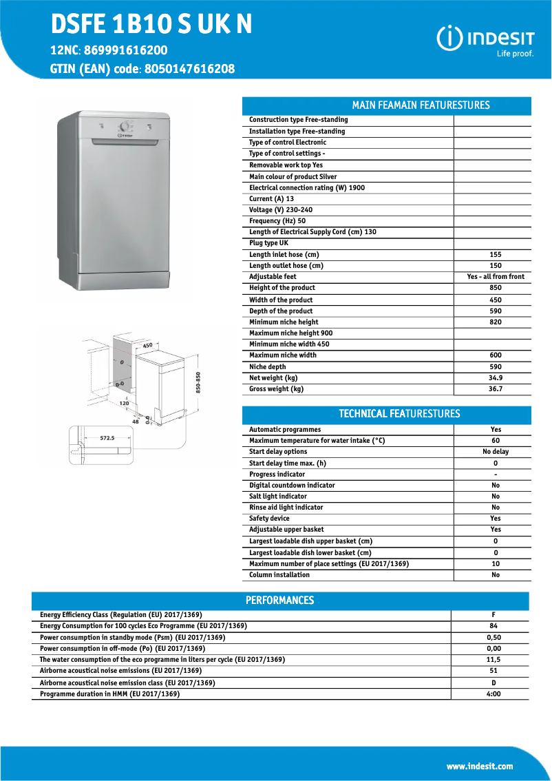 Page 1 de la notice Fiche technique Indesit DSFE 1B10 S UK N