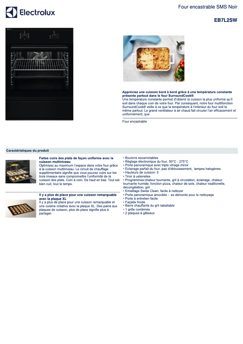 Page 1 de la notice Fiche technique Electrolux EB7L2SW