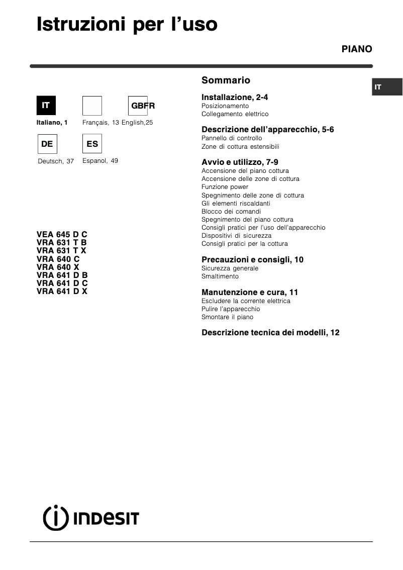 Page 1 de la notice Manuel utilisateur Indesit VRA 641 IX