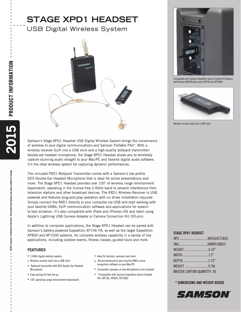 Page 1 de la notice Manuel utilisateur Samson Stage XPD1