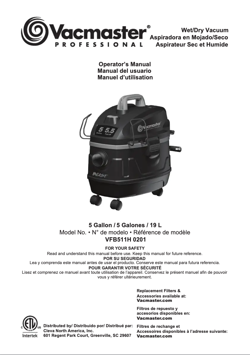 Page n°1 - Manuel utilisateur Vacmaster Professional VFB511H 0201