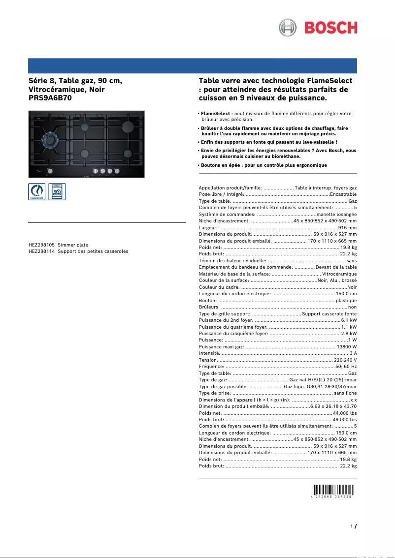 Page 1 de la notice Fiche technique Bosch PRS9A6B70