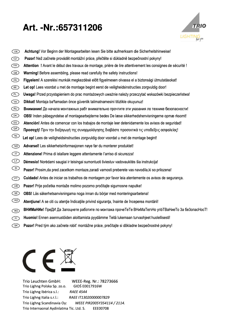 Page 1 de la notice Manuel utilisateur Trio Lighting Dorian 657311206