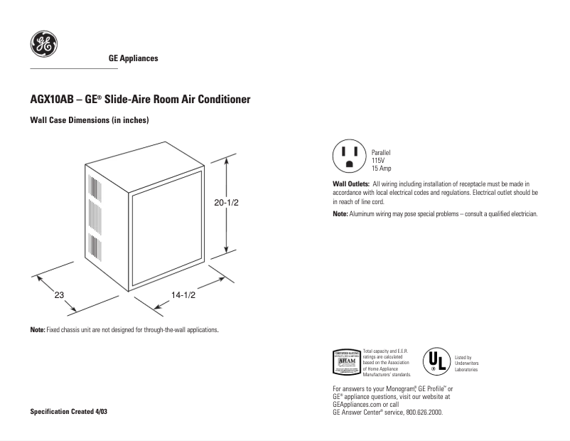 Page 1 of the manual Technical Sheet GE AGX10AB