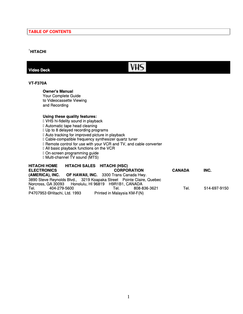 Page 1 de la notice Manuel utilisateur Hitachi VT-F370A