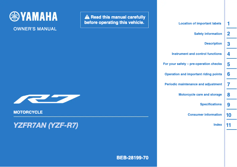 Page 1 de la notice Manuel utilisateur Yamaha YZF-R7LA
