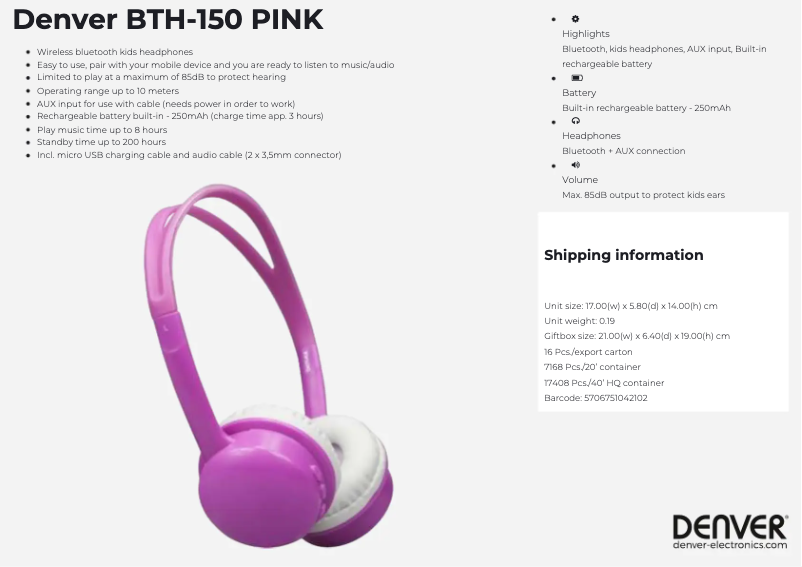 Page 1 de la notice Manuel utilisateur Denver BTH-150