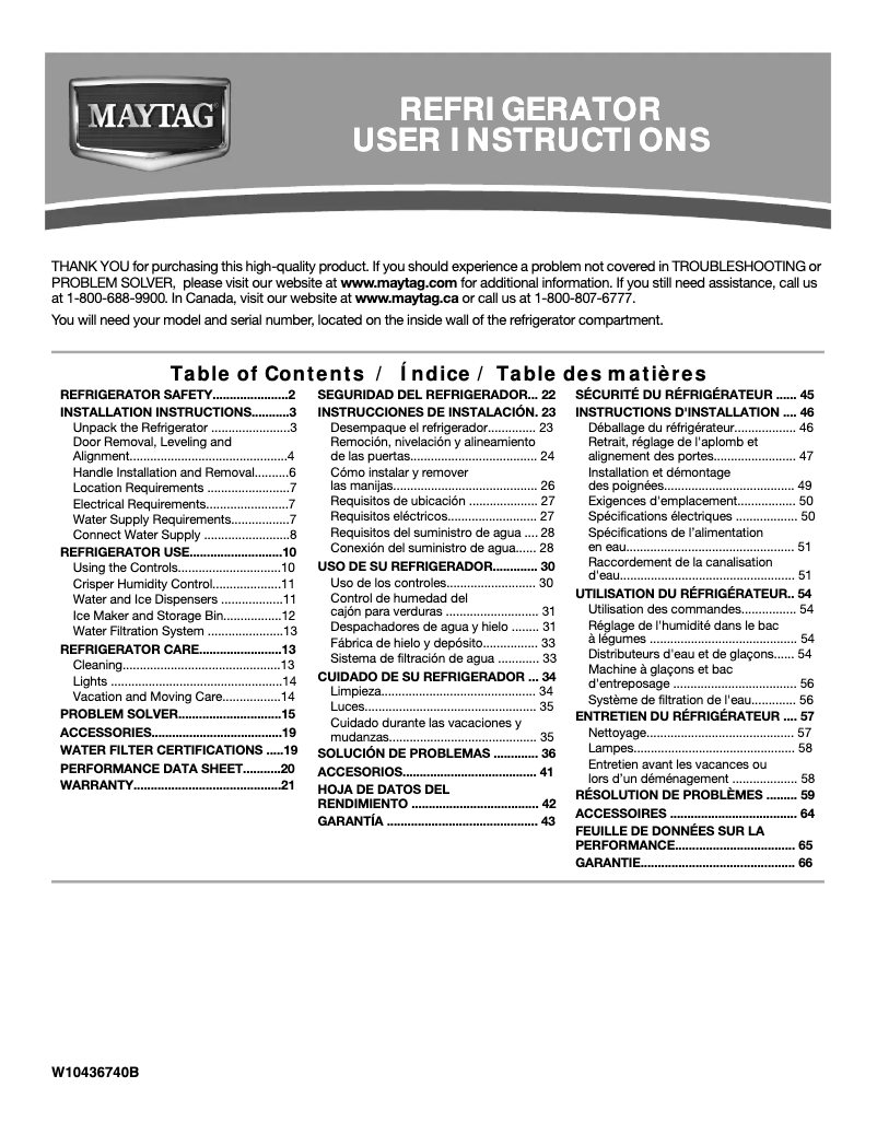 Page n°1 - Manuel d'utilisation et d'entretien Maytag MSF22D4XAM