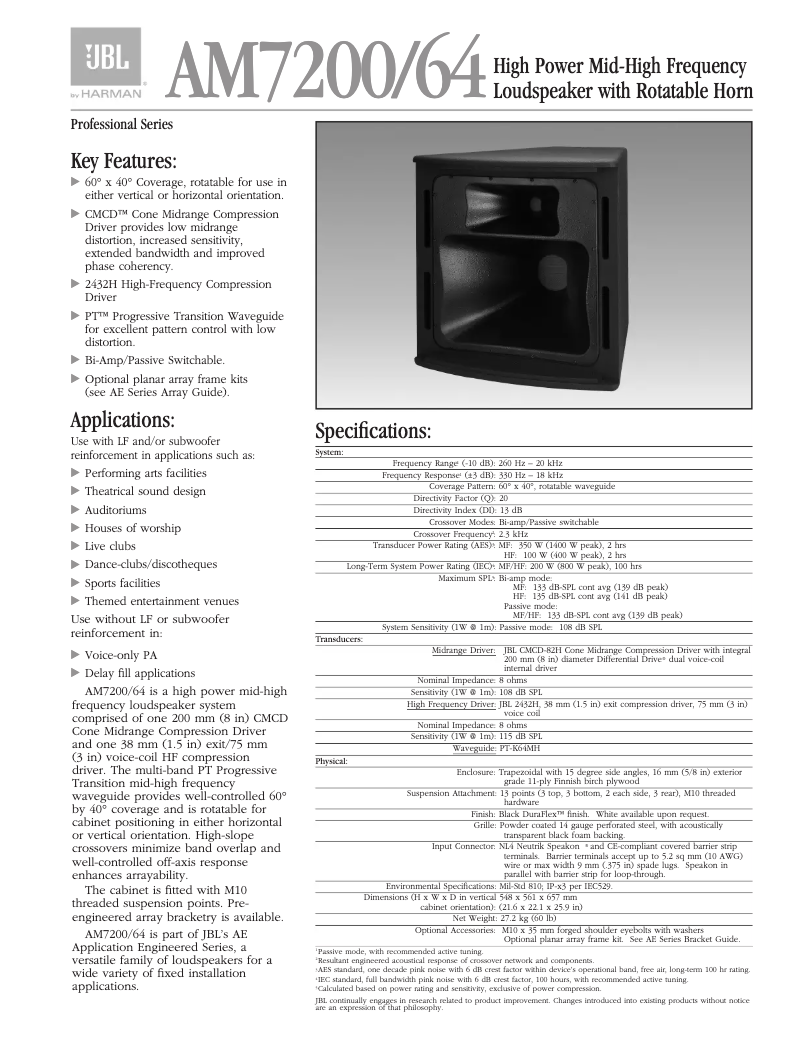 Page 1 de la notice Manuel utilisateur JBL AM7200/64