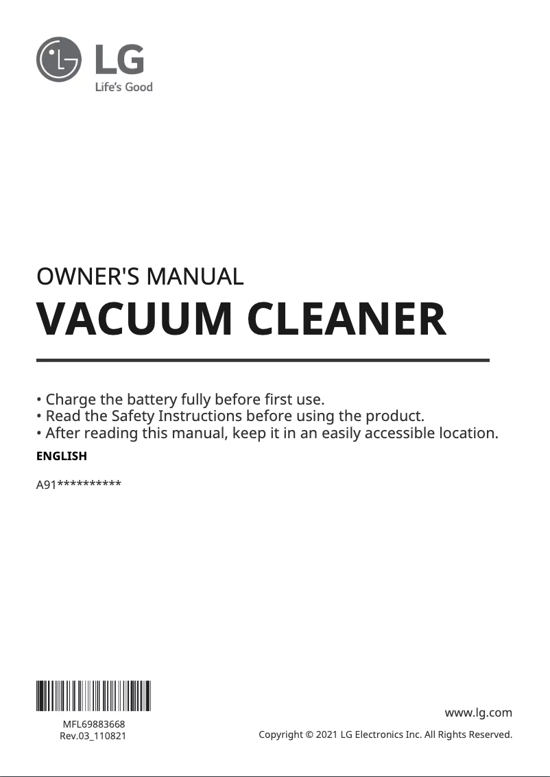 Page 1 de la notice Manuel utilisateur LG CordZero A9 A912PM