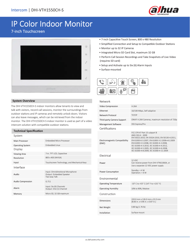 Page n°1 - Fiche technique Dahua Technology DHI-VTH1550CH-S