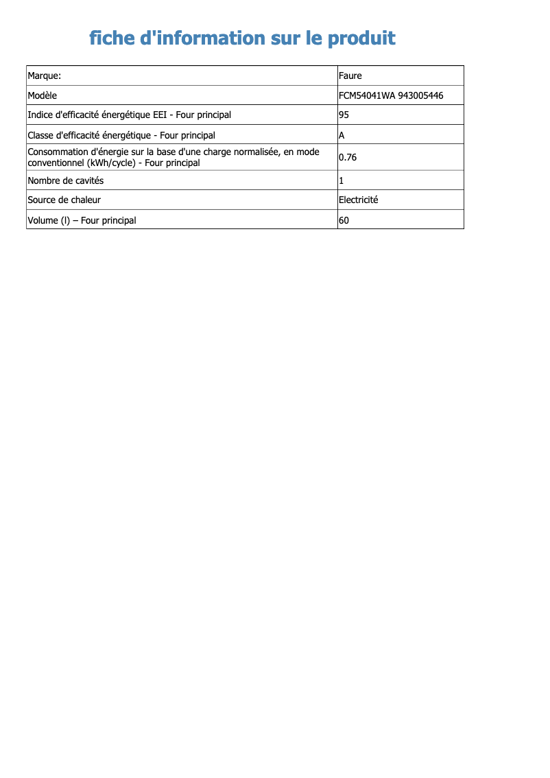 Página 1 del manual Ficha técnica Faure FCM54041WA