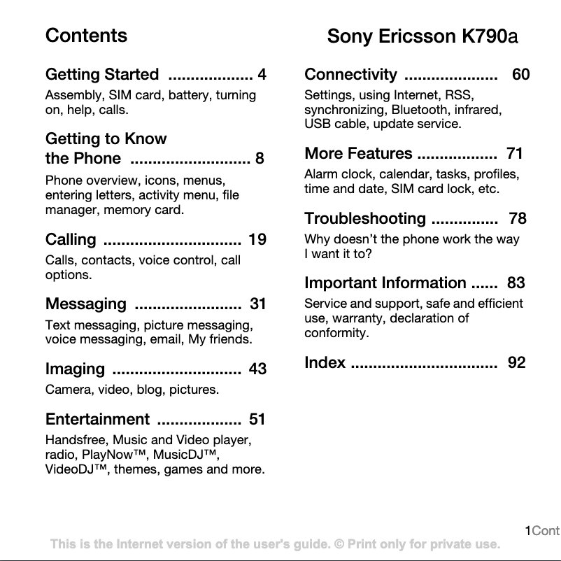 Page 1 de la notice Manuel utilisateur Sony Ericsson K790a