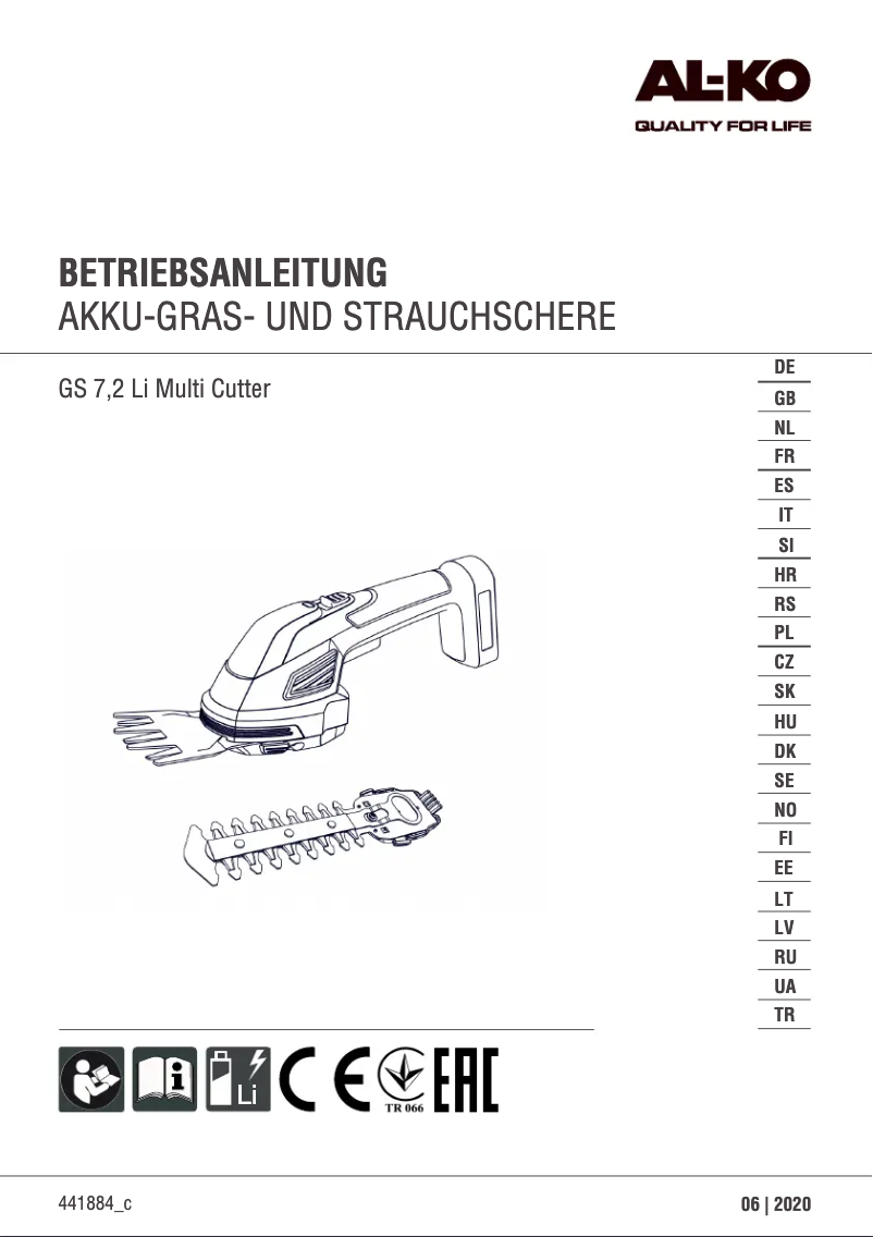 Page n°1 - Manuel utilisateur AL-KO GS 7.2 Li