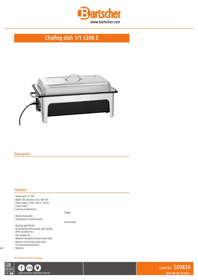Page n°1 - Fiche technique Bartscher 500830