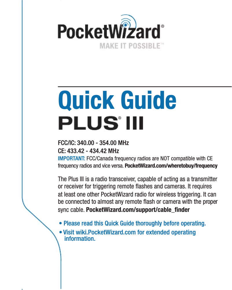 Page 1 de la notice Manuel utilisateur PocketWizard Pocket Wizard Plus III