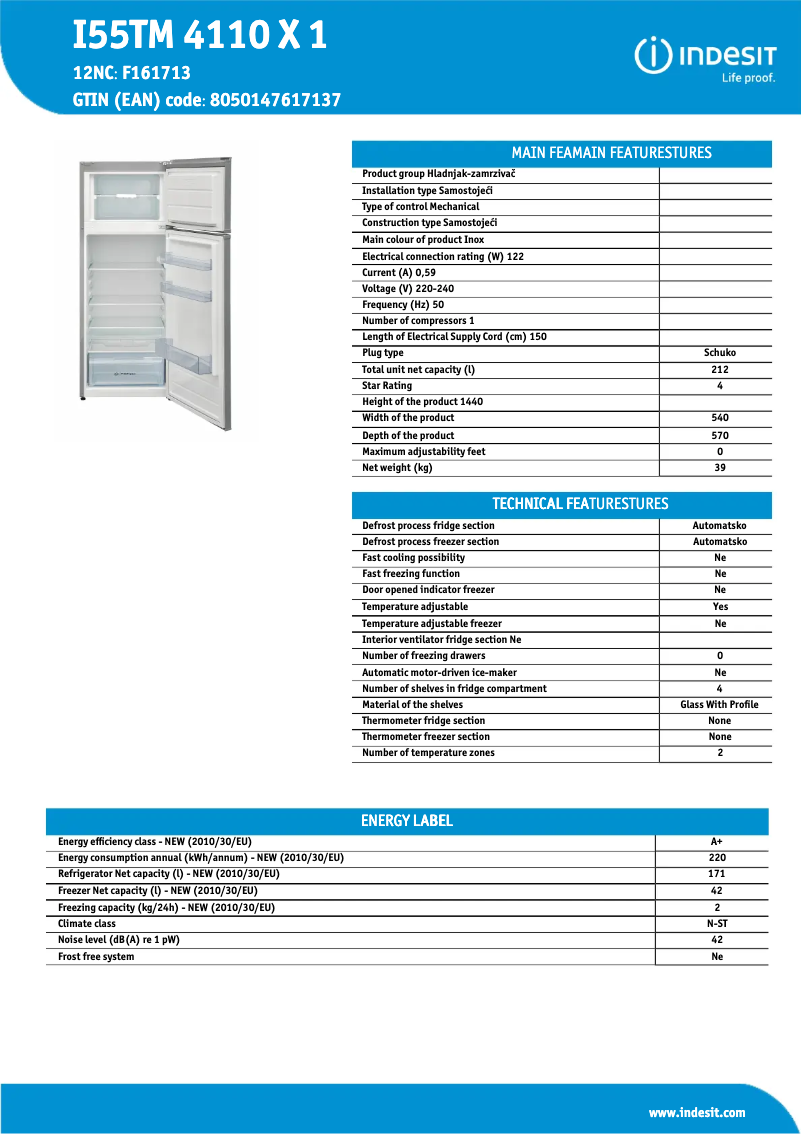 Page n°1 - Fiche technique Indesit I55TM 4110 X 1