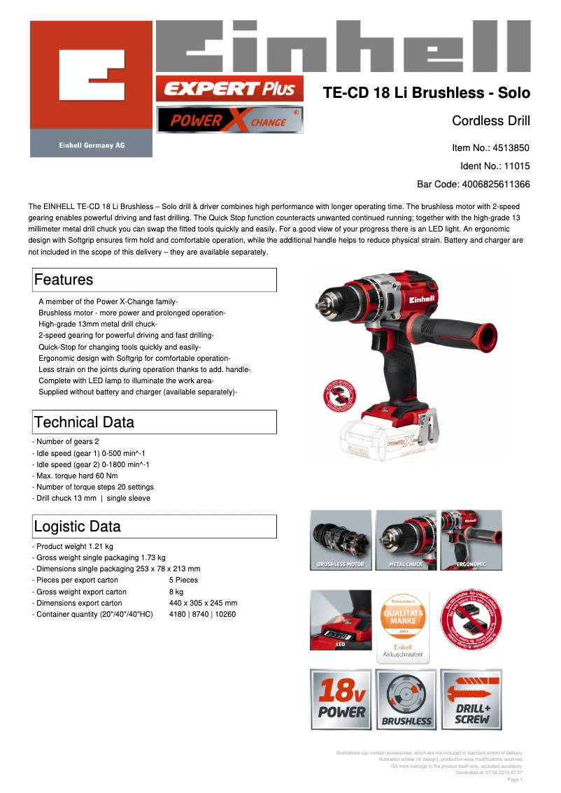 Page n°1 - Fiche technique Einhell TE-CD 18 Li