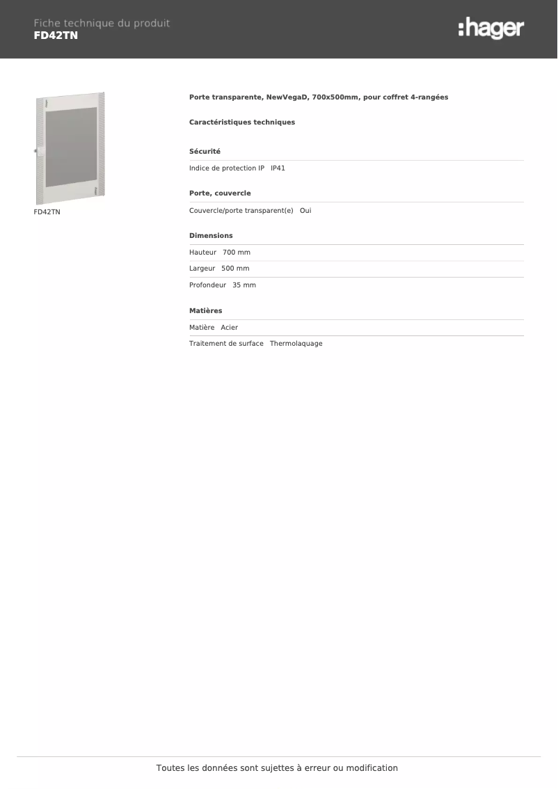 Page n°1 - Fiche technique Hager FD42TN