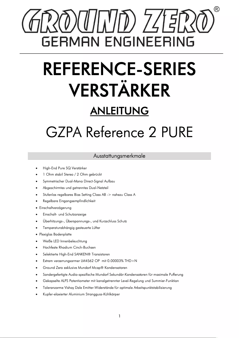 Page 1 of the manual User Manual Ground Zero GZPA Reference 2 PURE