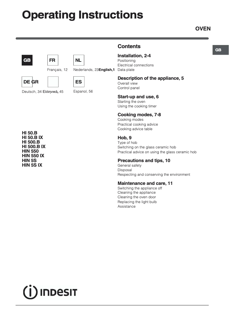 Page 1 de la notice Manuel utilisateur Indesit HI 50.B (WH)