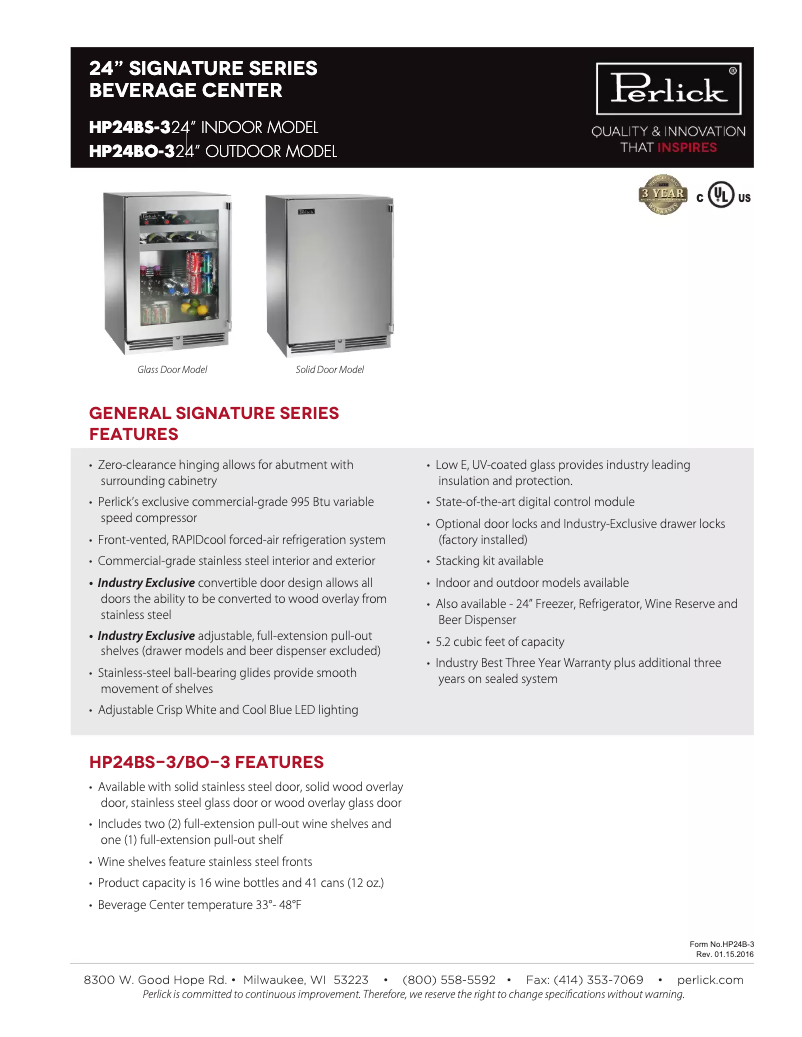 Page 1 de la notice Fiche technique Perlick Signature Series HP24BO-3-3L