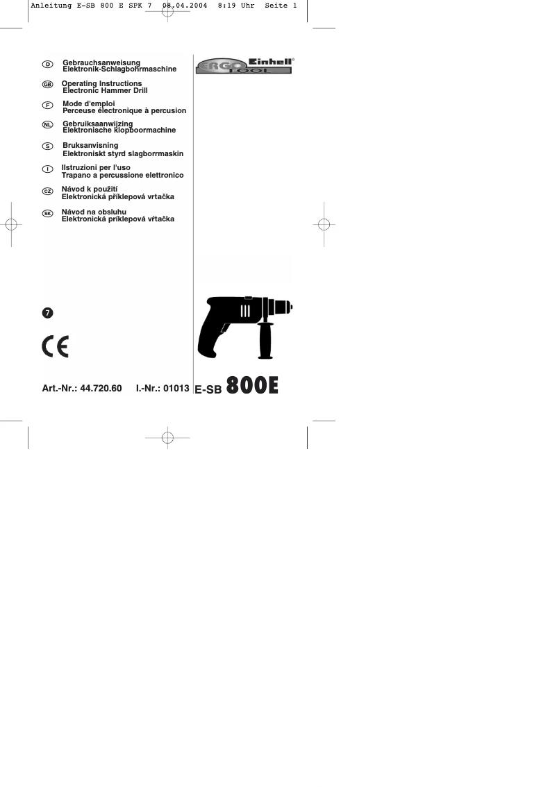 Page 1 de la notice Manuel utilisateur Ergotools Pattfield E-SB 800 E