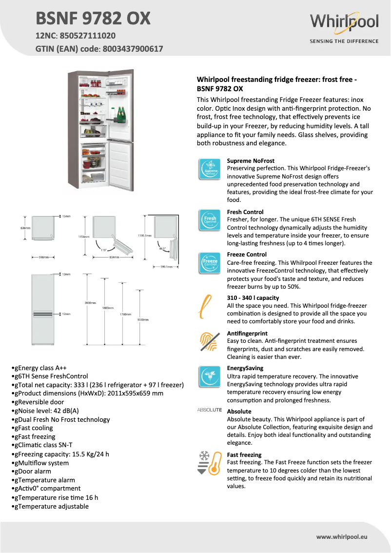 Page 1 de la notice Fiche technique Whirlpool BSNF 9782 OX