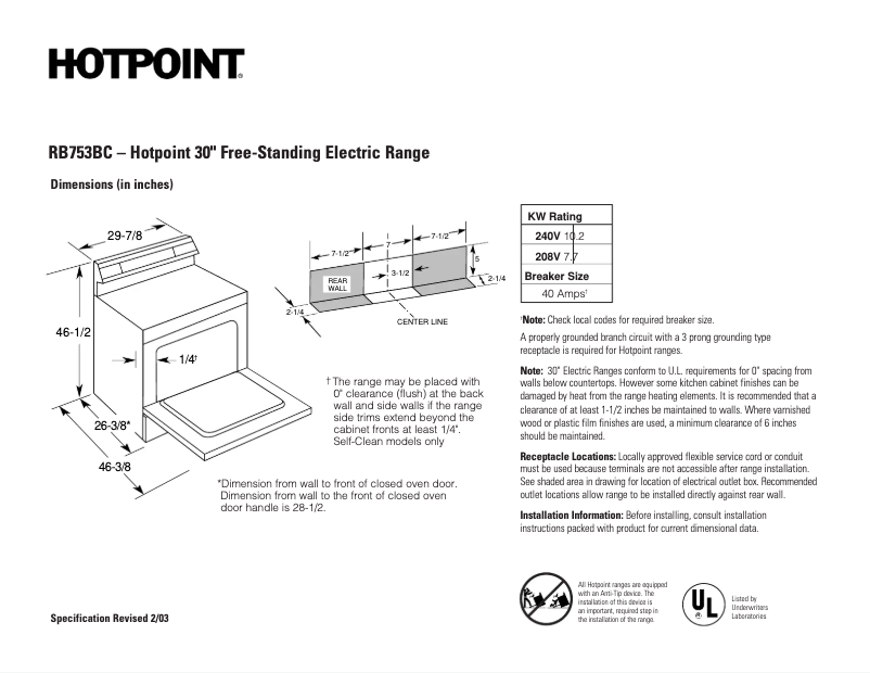 Page 1 de la notice Fiche technique Hotpoint RB753BCCT