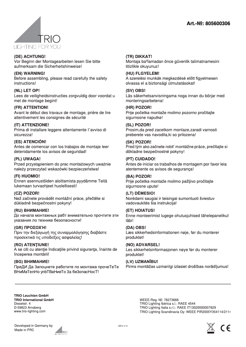 Page 1 de la notice Manuel utilisateur Trio Lighting Kolani 805600306