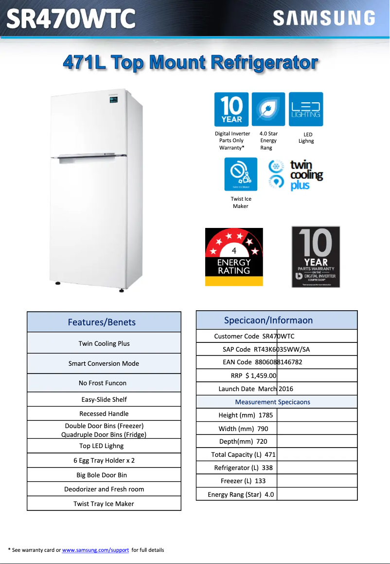 Page 1 de la notice Fiche technique Samsung SR470WTC