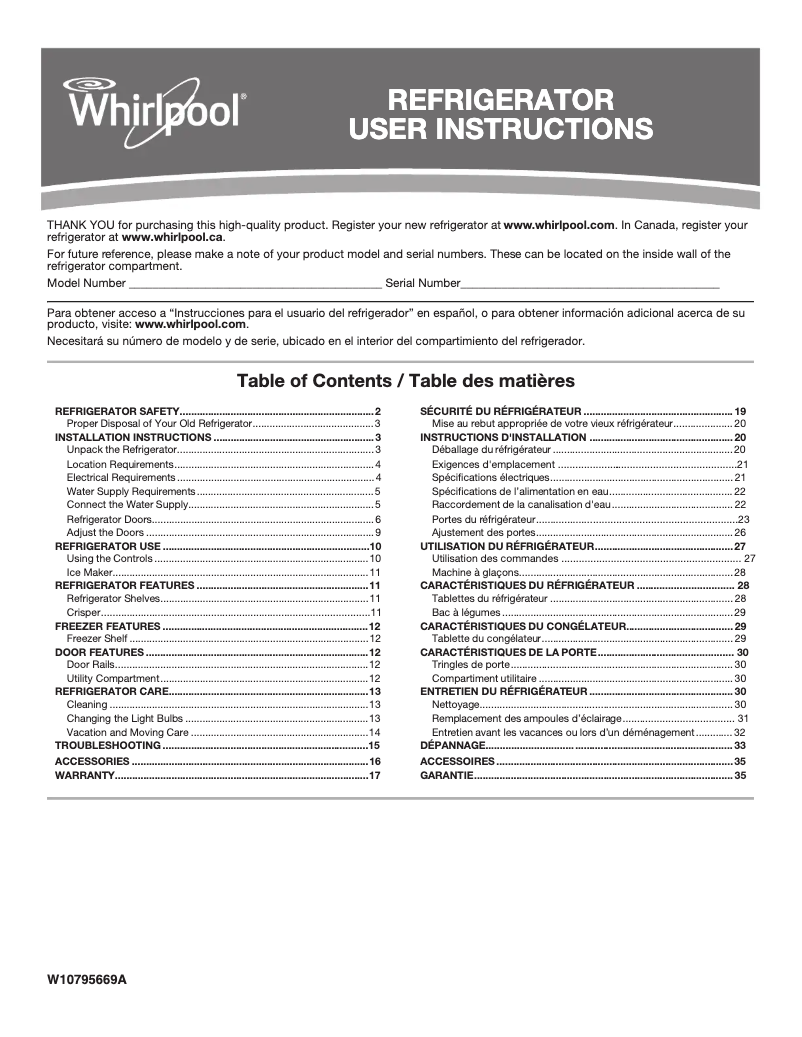 Image de la première page du manuel de l'appareil WRT348FMEB