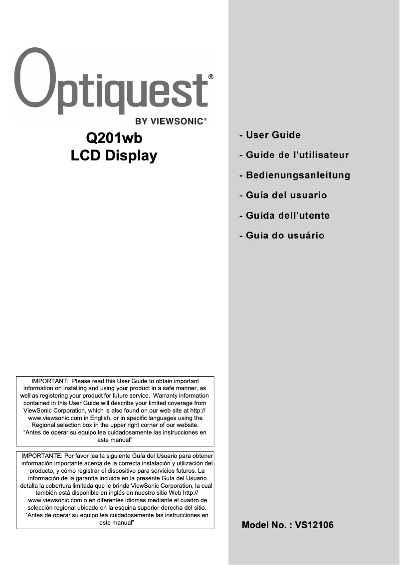 Page 1 de la notice Manuel utilisateur Viewsonic Optiquest Q201wb