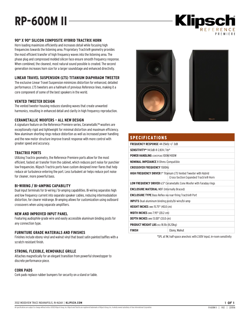 Page 1 de la notice Fiche technique Klipsch Reference Premiere RP-600M II