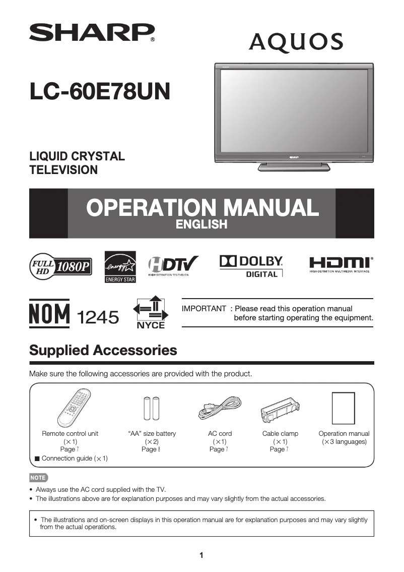 Image de la première page du manuel de l'appareil AQUOS LC-60E78UN