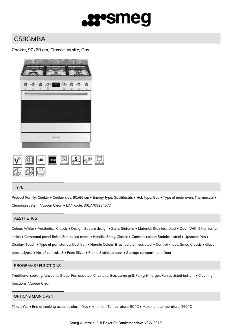 Page n°1 - Fiche technique Smeg CS9GMBA