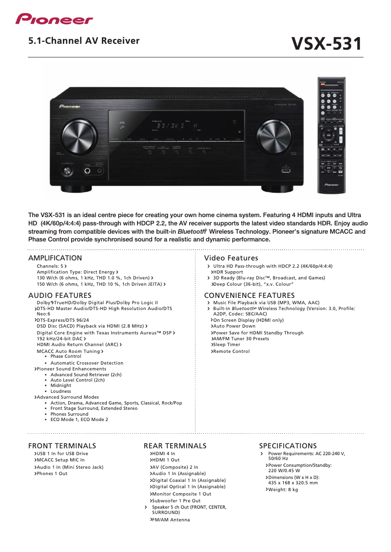 Page n°1 - Fiche technique Pioneer VSX-531