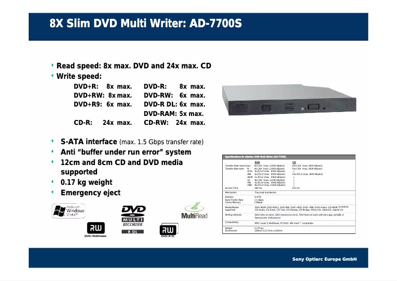 Page 1 de la notice Manuel utilisateur Sony Optiarc AD-7700S